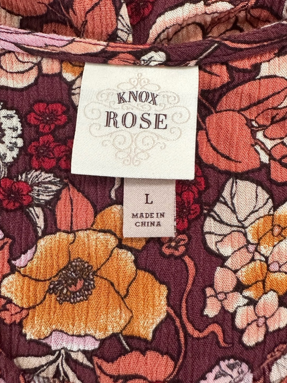 Knox Rose Plum Floral Midi Dress V-Neck Button Front Boho Flowy Size L - Picture 6 of 7